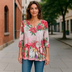 OneWorld Women's Floral Christmas/Cat Print V-Neck 3/4 Sleeve Top M